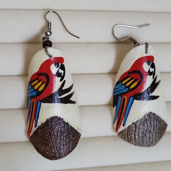 Hand Painted Parrot Carved Deer Antler Earrings Unique  Art - Picture 5 of 7